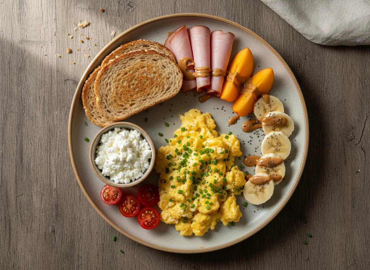 Deutsches Frühstück mit Rührei und Obst photo