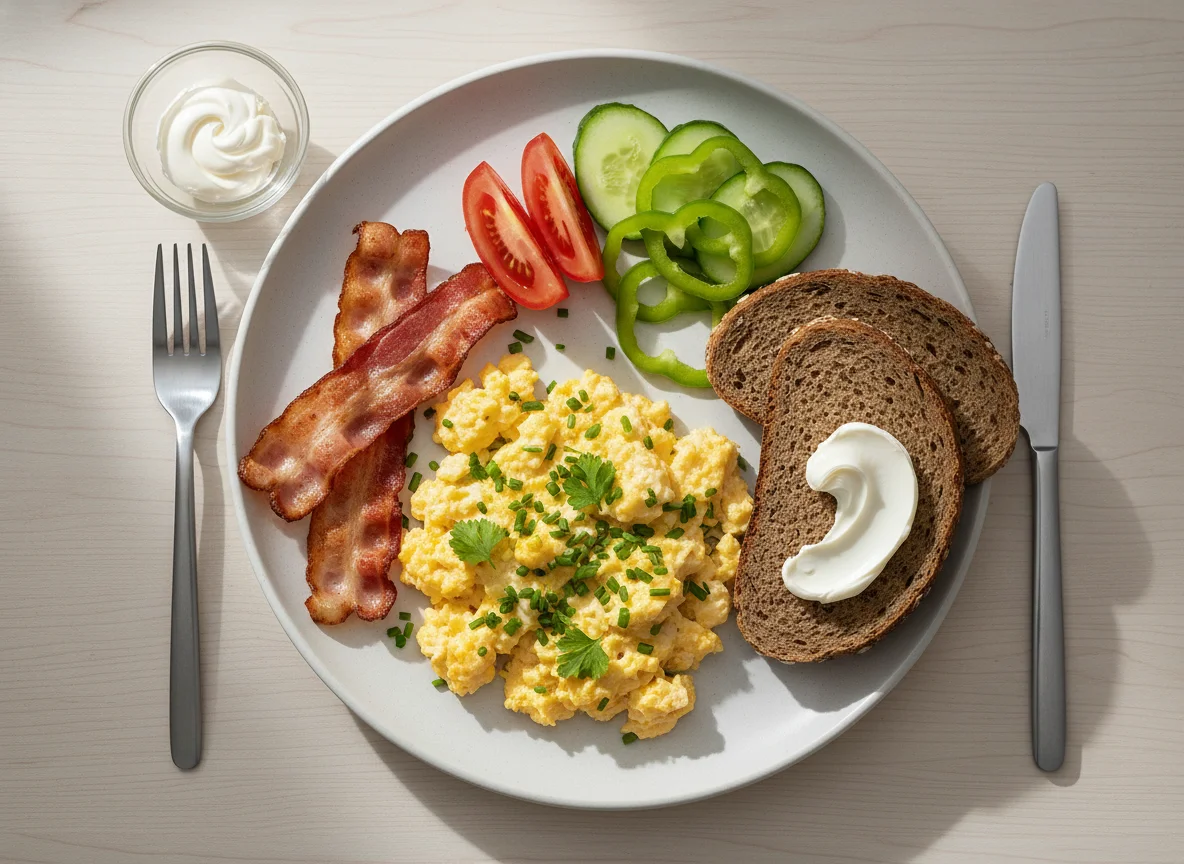 Deutsches Frühstück mit Rührei und Speck photo