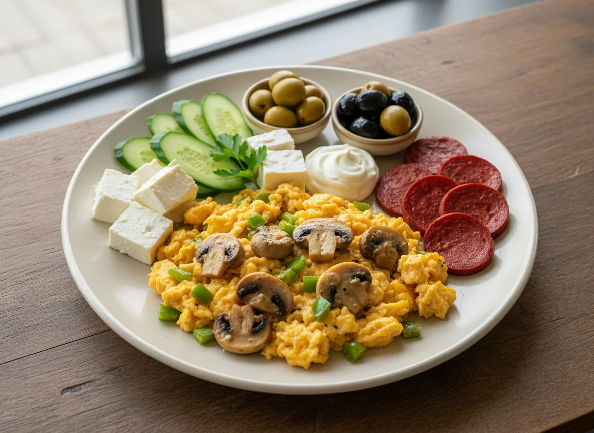 Deutsches Frühstück mit Rührei und Wurst photo