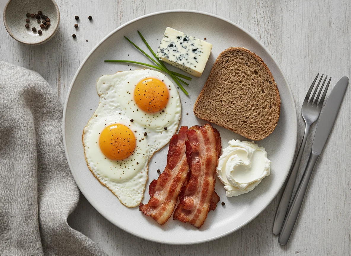 Deutsches Frühstück mit Spiegelei, Speck, Brot und Käse photo