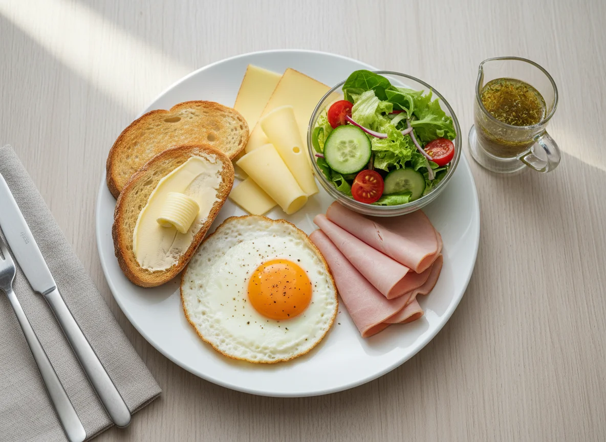 Deutsches Frühstück mit Spiegelei, Toast, Käse, Schinken und Salat photo