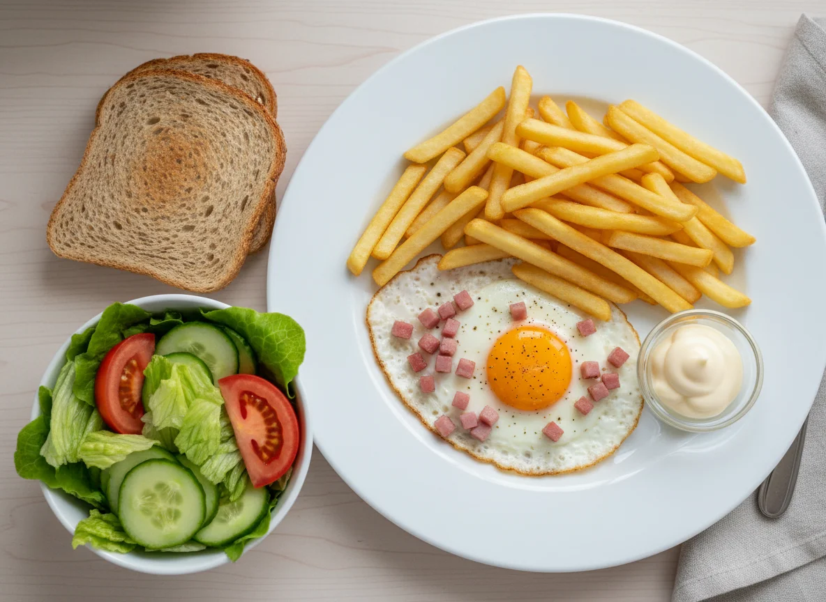 Deutsches Frühstück mit Spiegelei und Beilagen photo