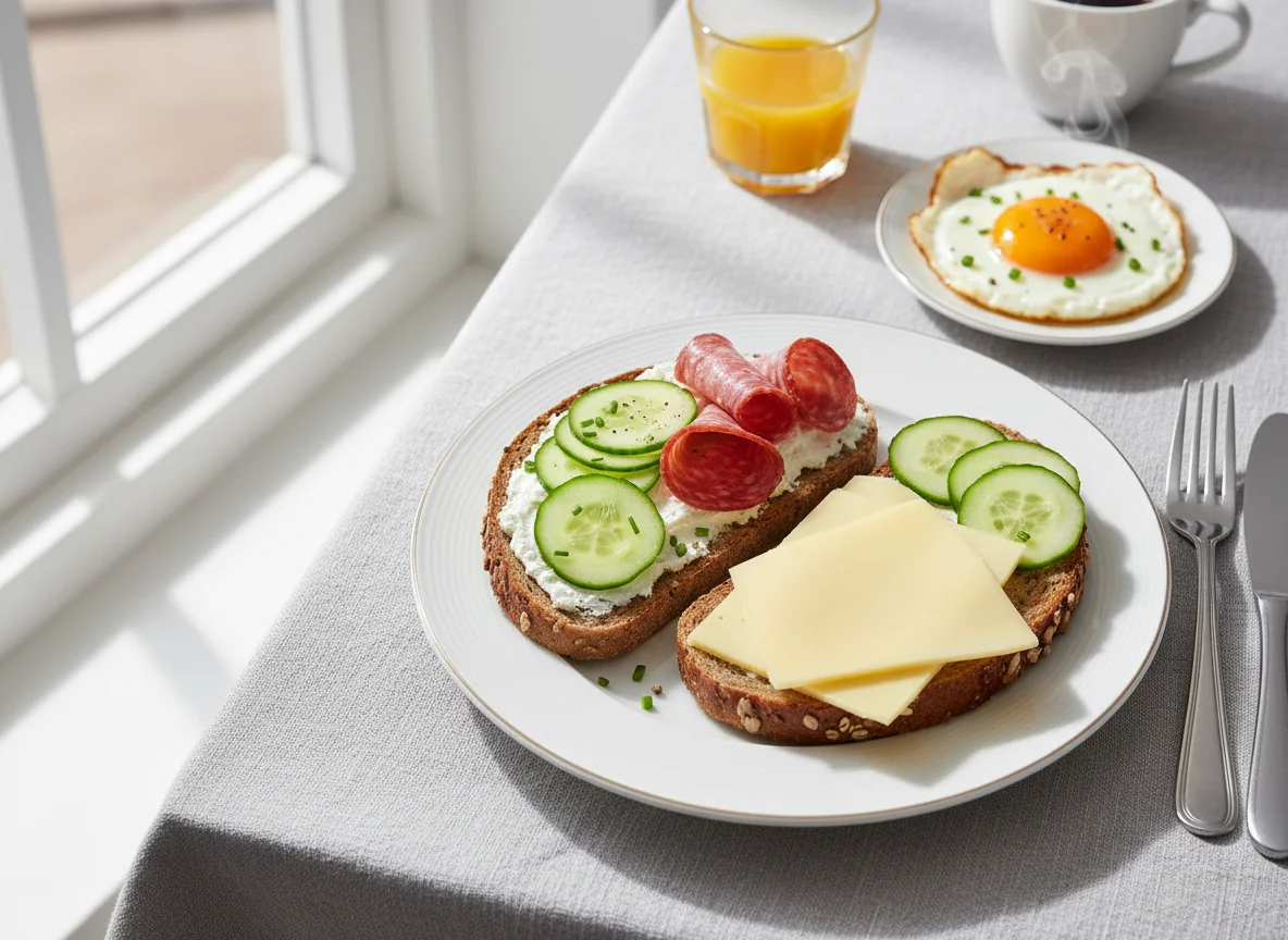 Deutsches Frühstück mit Spiegelei und belegten Broten photo