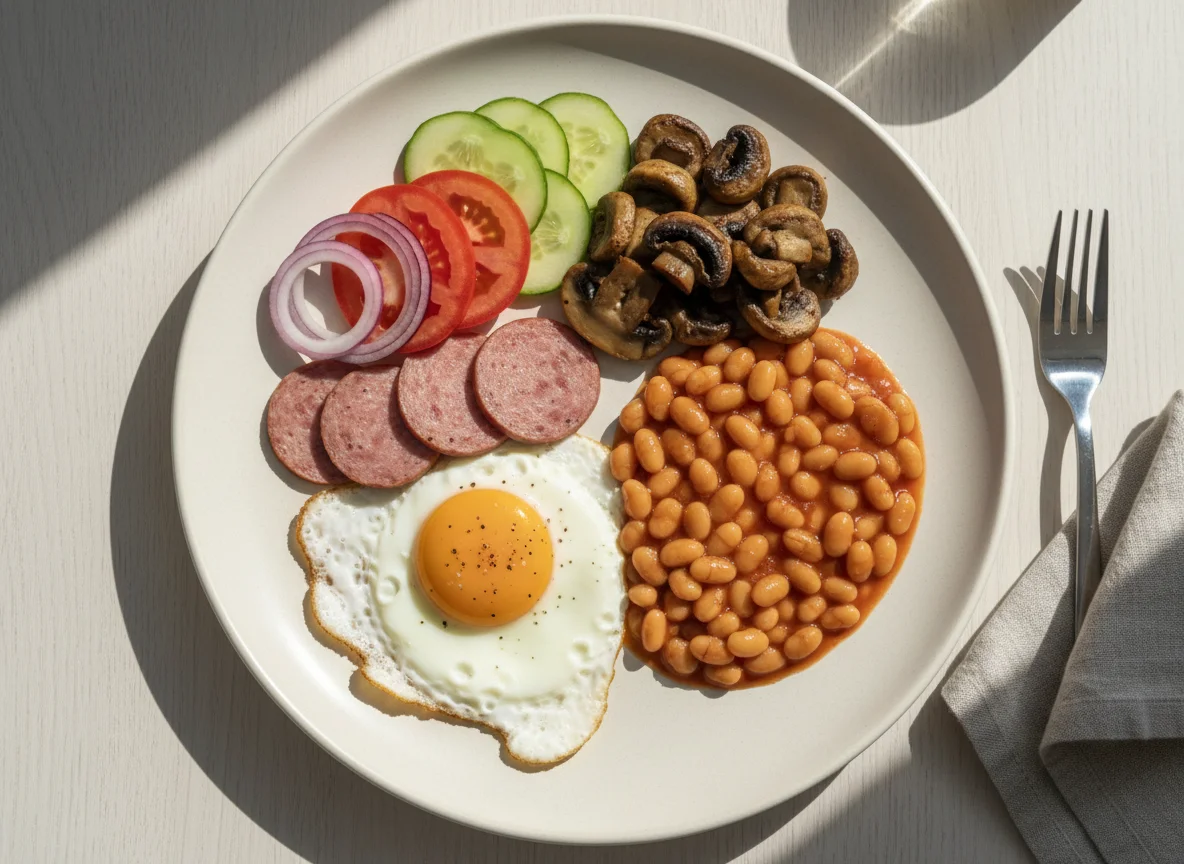 Deutsches Frühstück mit Spiegelei und Bohnen photo