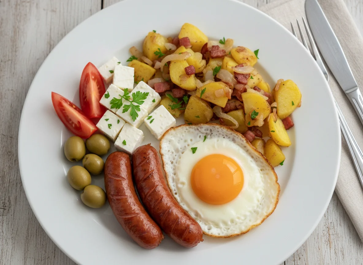 Deutsches Frühstück mit Spiegelei und Bratkartoffeln photo