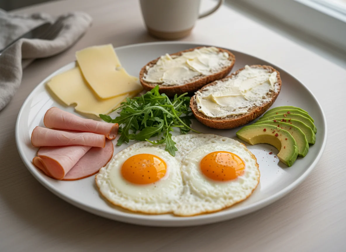 Deutsches Frühstück mit Spiegelei und Brot photo