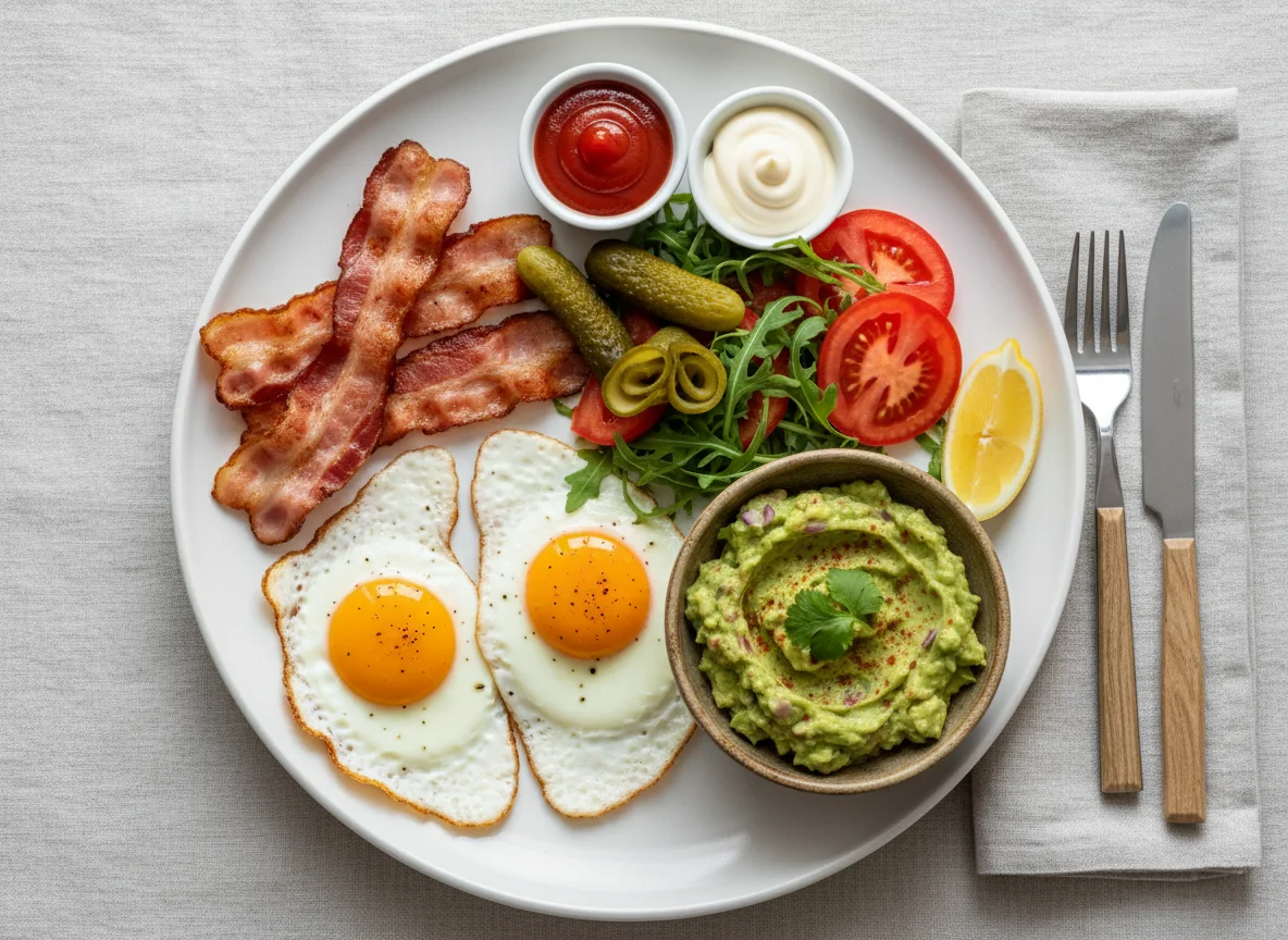 Deutsches Frühstück mit Spiegelei und Guacamole photo
