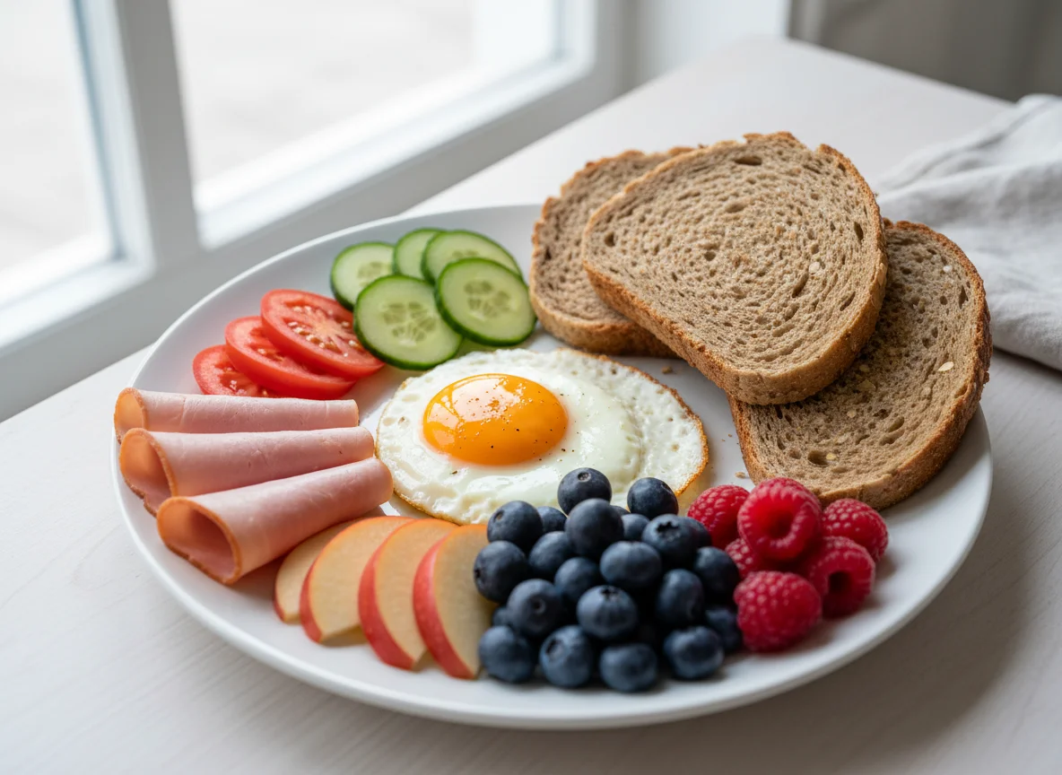 Deutsches Frühstück mit Spiegelei und Obst photo