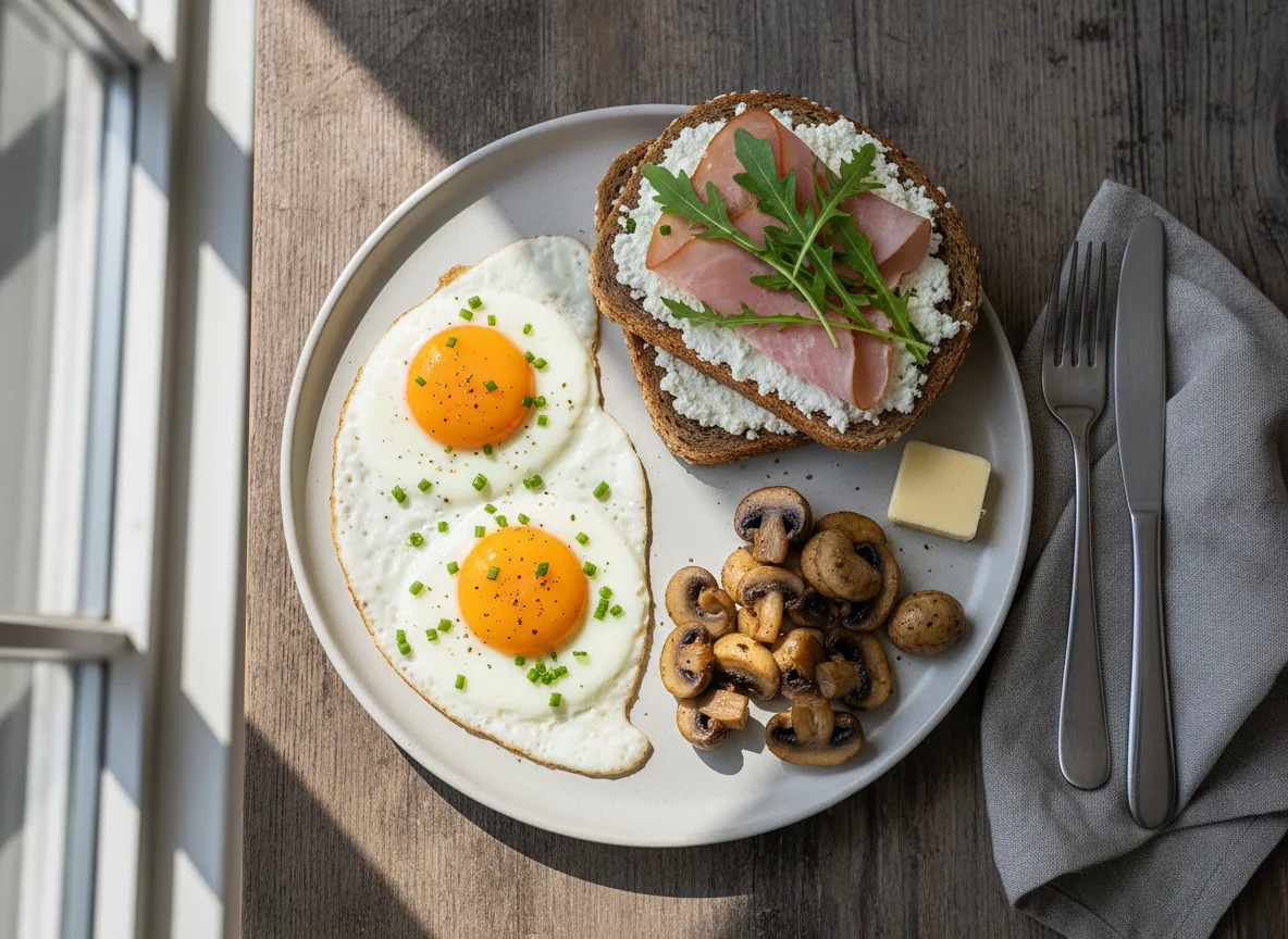 Deutsches Frühstück mit Spiegelei und Pilzen photo