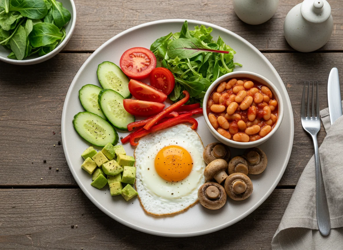 Deutsches Frühstück mit Spiegelei und Salat photo