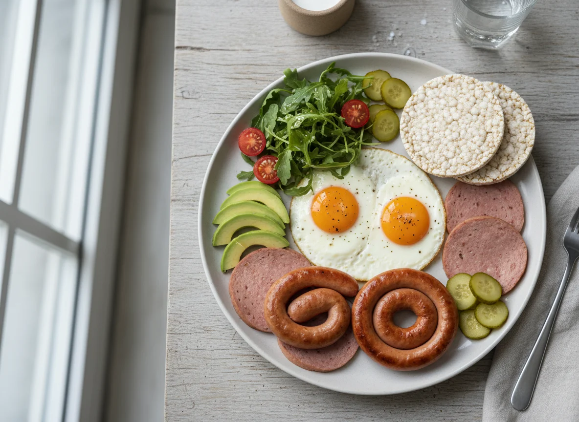 Deutsches Frühstück mit Spiegelei und Wurst photo