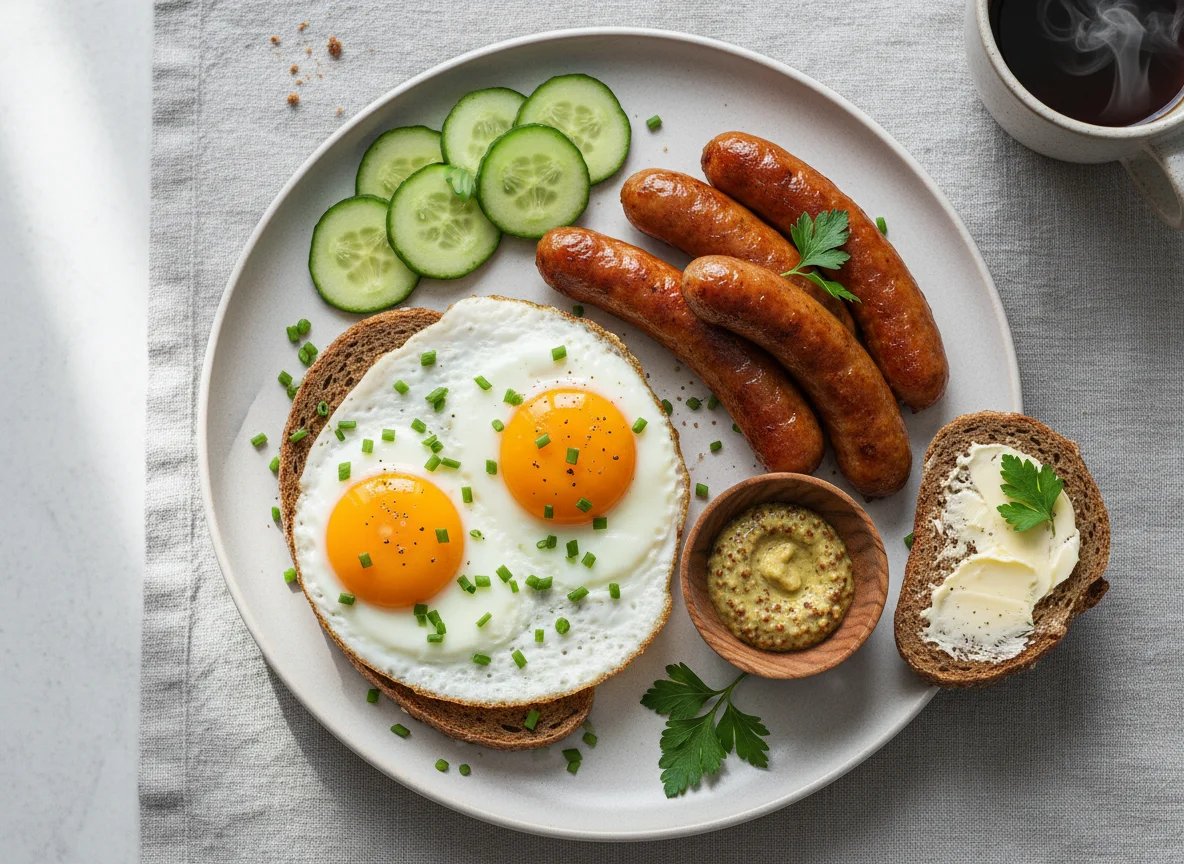Deutsches Frühstück mit Spiegelei, Wurst und Brot photo