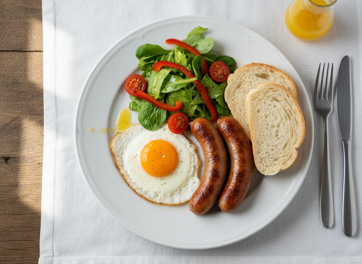 Deutsches Frühstück mit Spiegelei, Würstchen, Salat und Brot photo