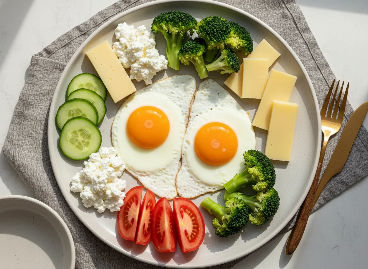 Deutsches Frühstück mit Spiegeleiern und Gemüse photo