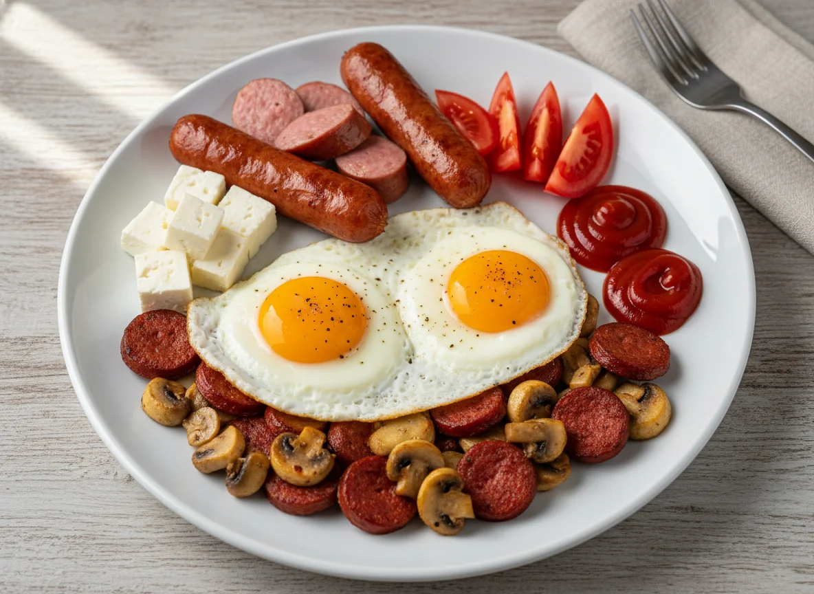 Deutsches Frühstück mit Sucuk und Pilzen photo