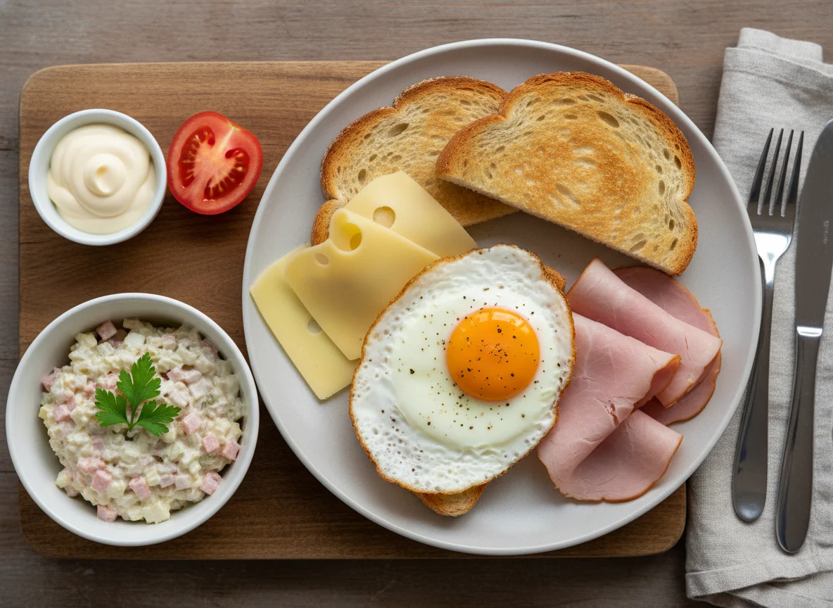 Deutsches Frühstück mit Toast und Spiegeleiern photo