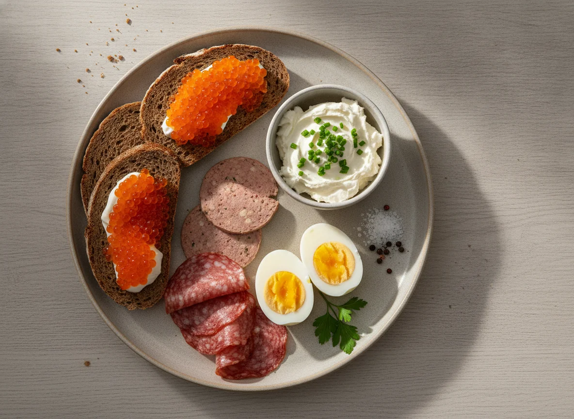 Deutsches Frühstück mit verschiedenen Broten und Ei photo