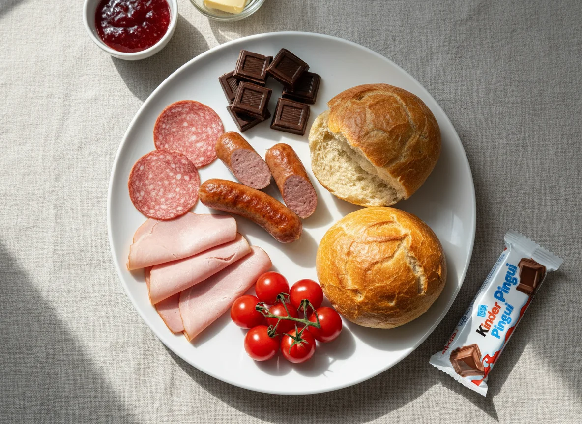 Deutsches Frühstück mit Wurst, Brötchen und Süßigkeiten photo