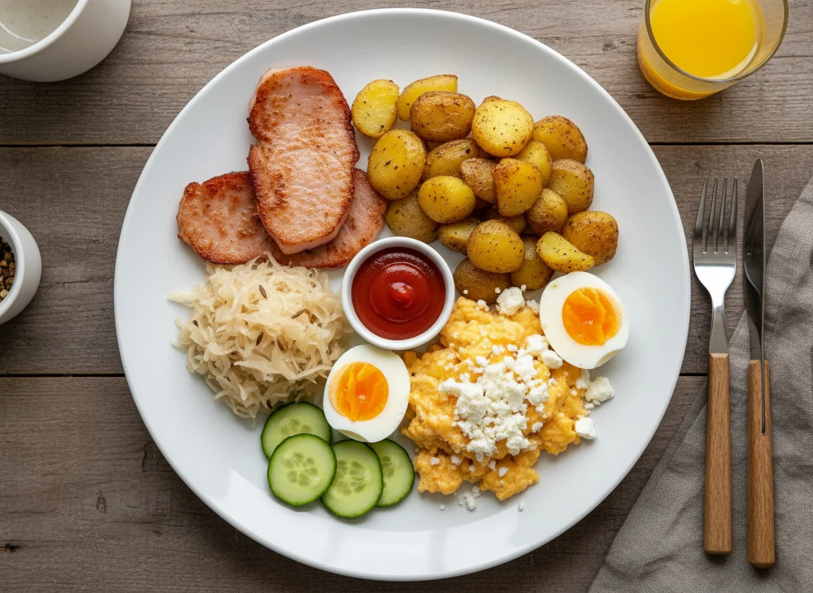 Deutsches Frühstück mit Wurst, Eiern und Beilagen photo