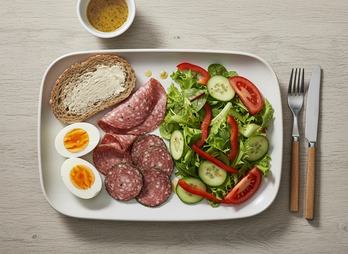 Deutsches Frühstück mit Wurst, Eiern und Salat photo