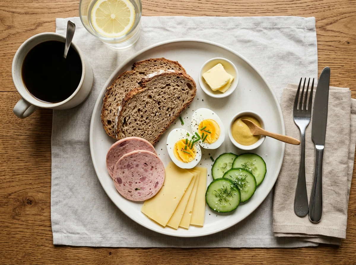 Deutsches Frühstück mit Wurst, Käse und Ei photo