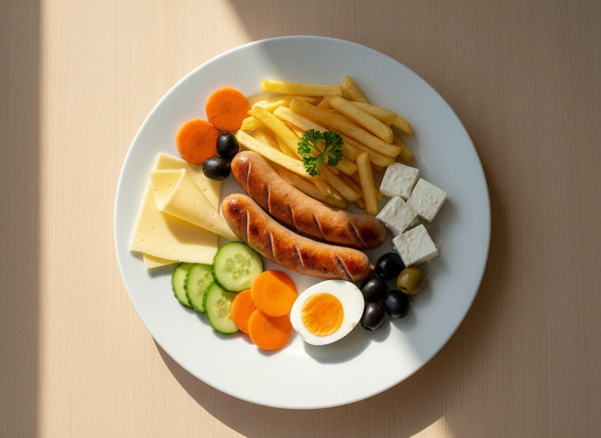 Deutsches Frühstück mit Wurst, Käse und Gemüse photo