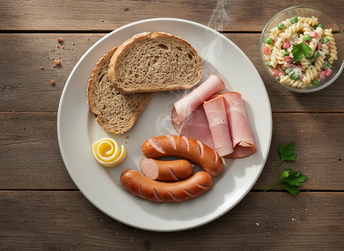 Deutsches Frühstück mit Würstchen und Brot photo