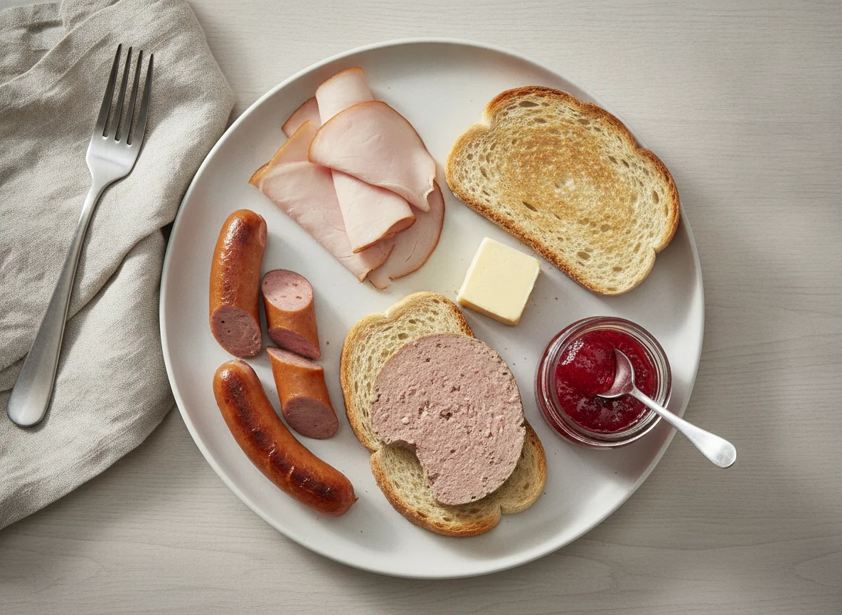 Deutsches Frühstück mit Würstchen und Toast photo