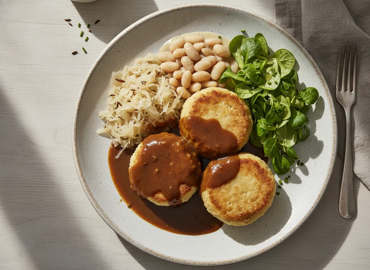 Deutsches Gericht mit Bohnen, Feldsalat, Sauerkraut und Knödel photo