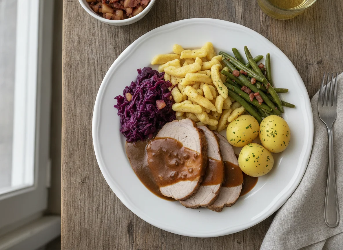 Deutsches Gericht mit Braten, Spätzle und Beilagen photo