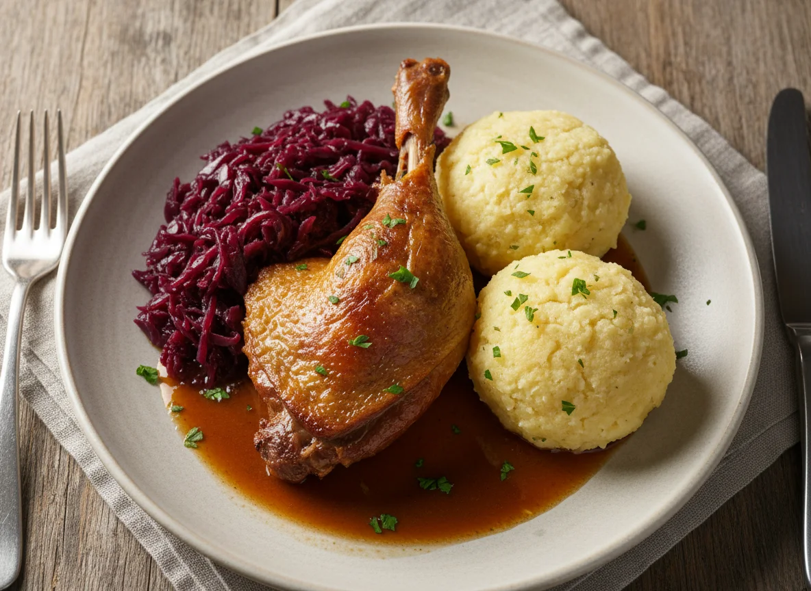 Deutsches Gericht mit Ente, Rotkohl und Klößen photo