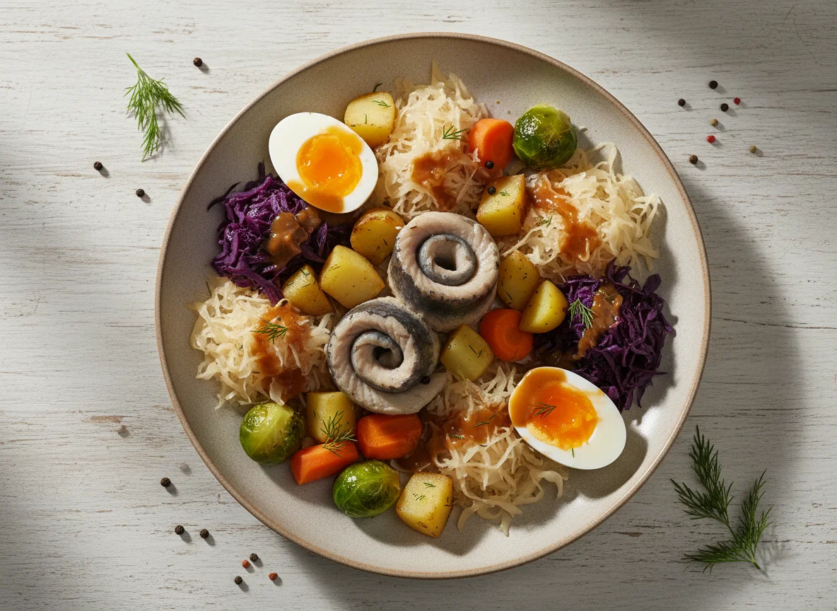Deutsches Gericht mit Fisch, Gemüse und Ei photo