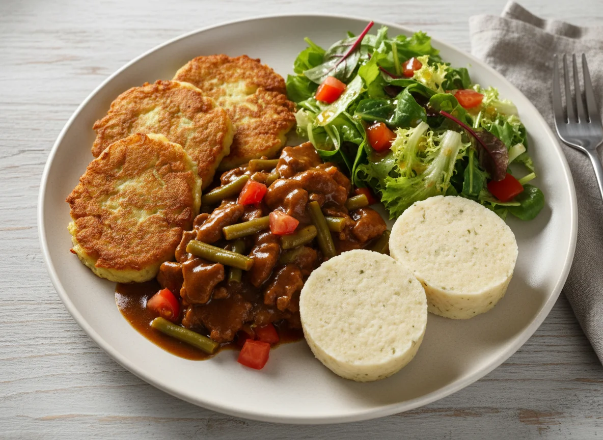 Deutsches Gericht mit Fleischragout, Kartoffelpuffer, Knödel und Salat photo