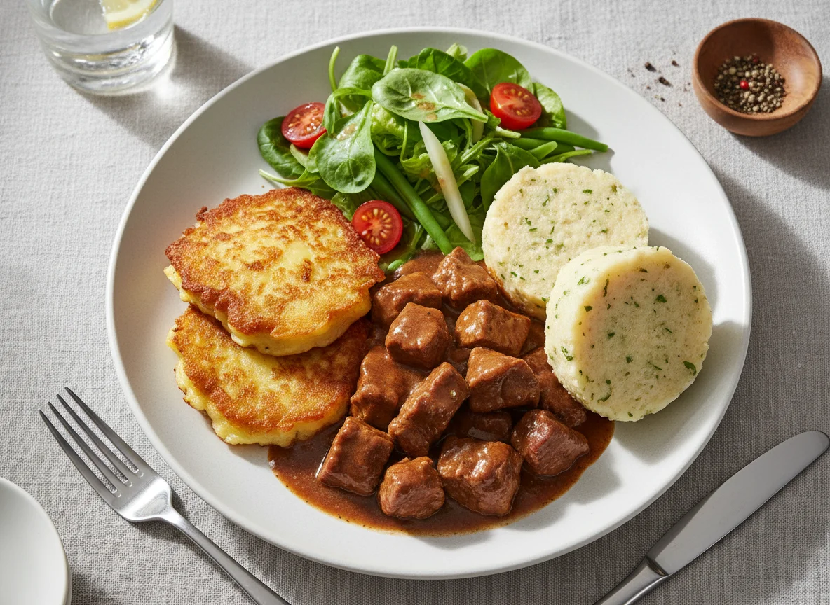 Deutsches Gericht mit Fleischragout, Knödel und Salat photo