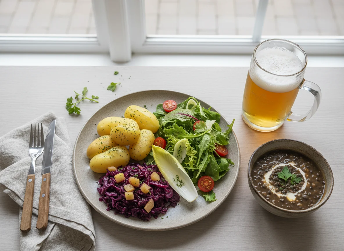 Deutsches Gericht mit Kartoffeln, Rotkohl und Suppe photo