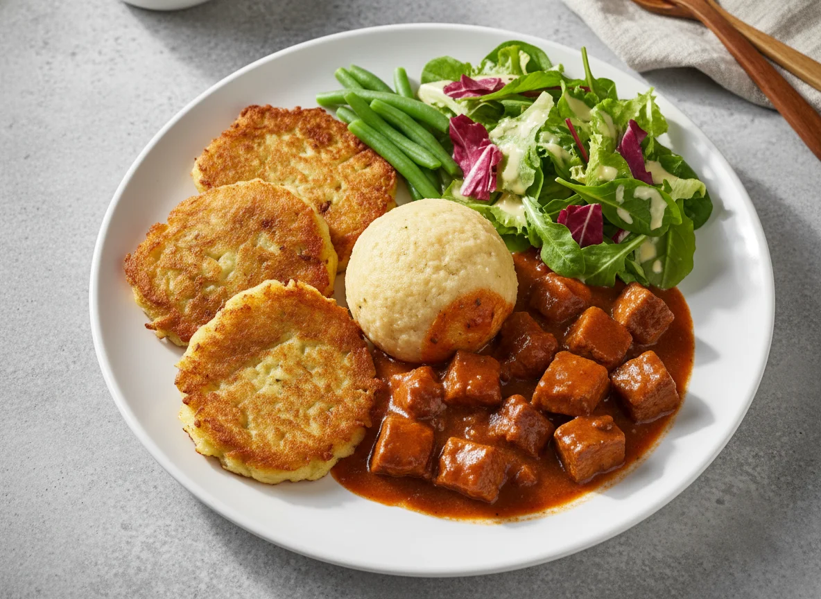 Deutsches Gericht mit Reibekuchen, Gulasch und Salat photo