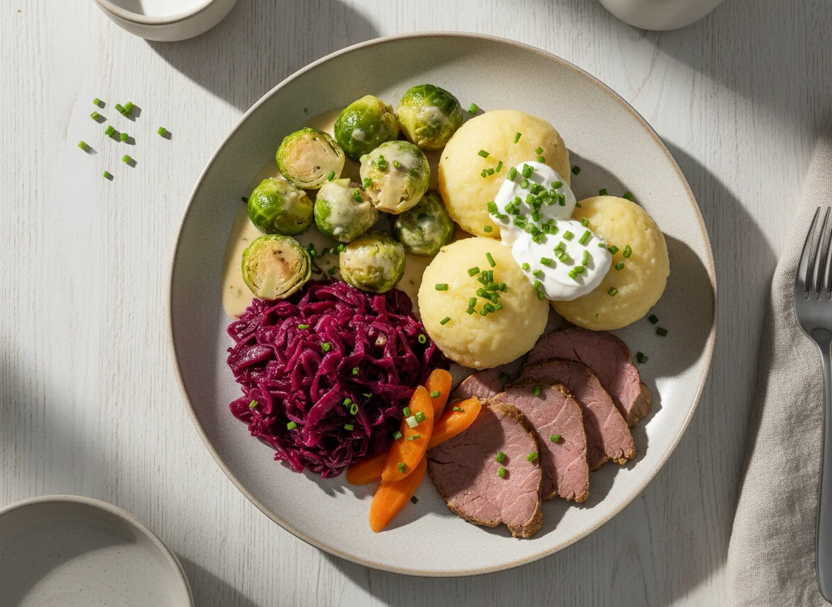Deutsches Gericht mit Rotkohl, Rosenkohl, Klößen und Fleisch photo