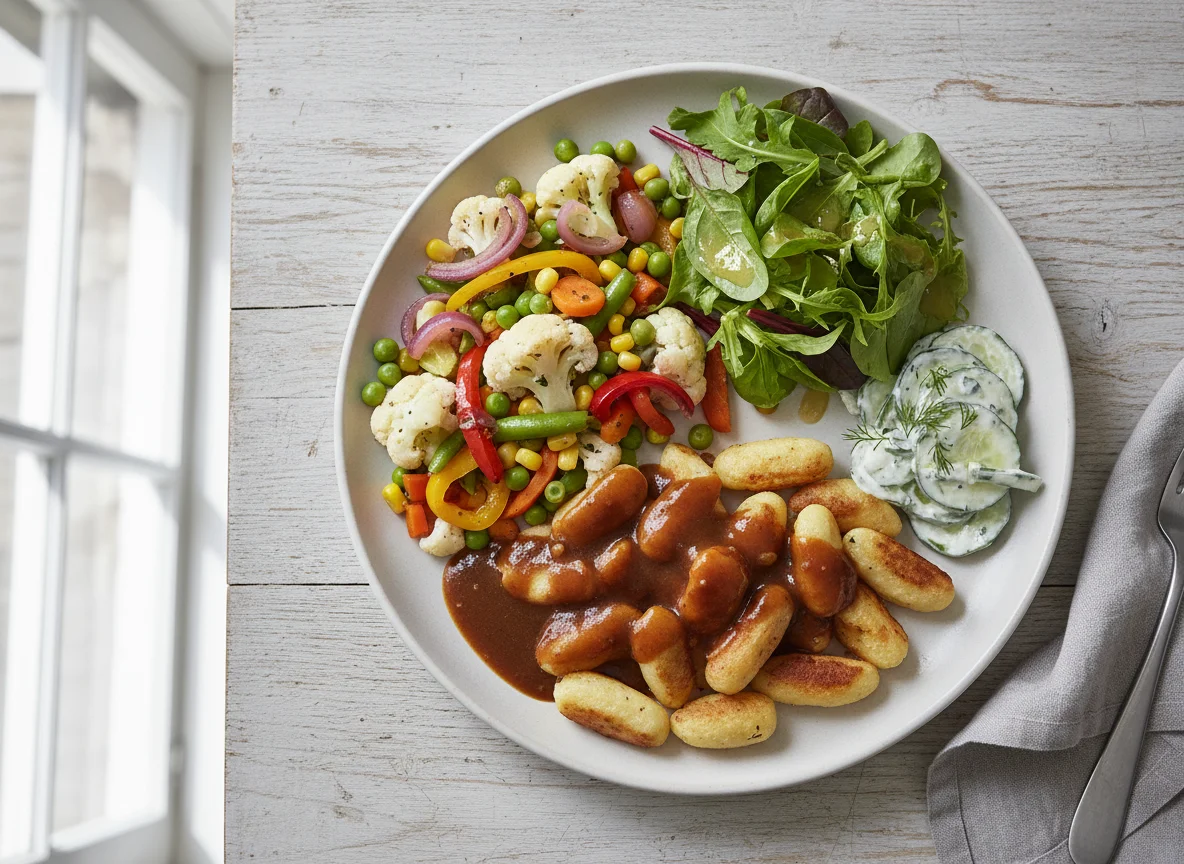 Deutsches Gericht mit Schupfnudeln, Gemüse und Salaten photo