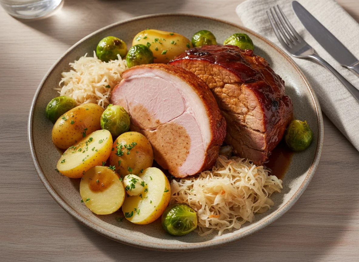 Deutsches Gericht mit Schweinefleisch und Beilagen photo