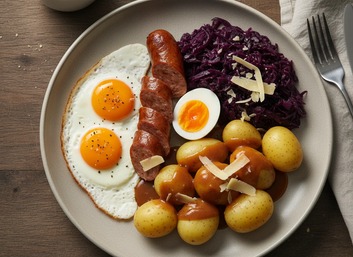 Deutsches Gericht mit Spiegelei, Wurst und Rotkohl photo