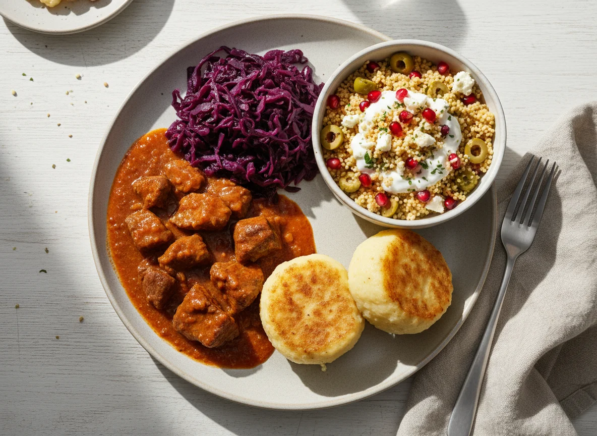 Deutsches Gulasch mit Knödel und Rotkohl, dazu Couscous-Salat photo