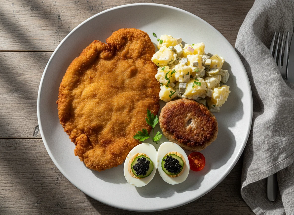 Deutsches Mittagessen mit Schnitzel, Frikadelle und Kartoffelsalat photo