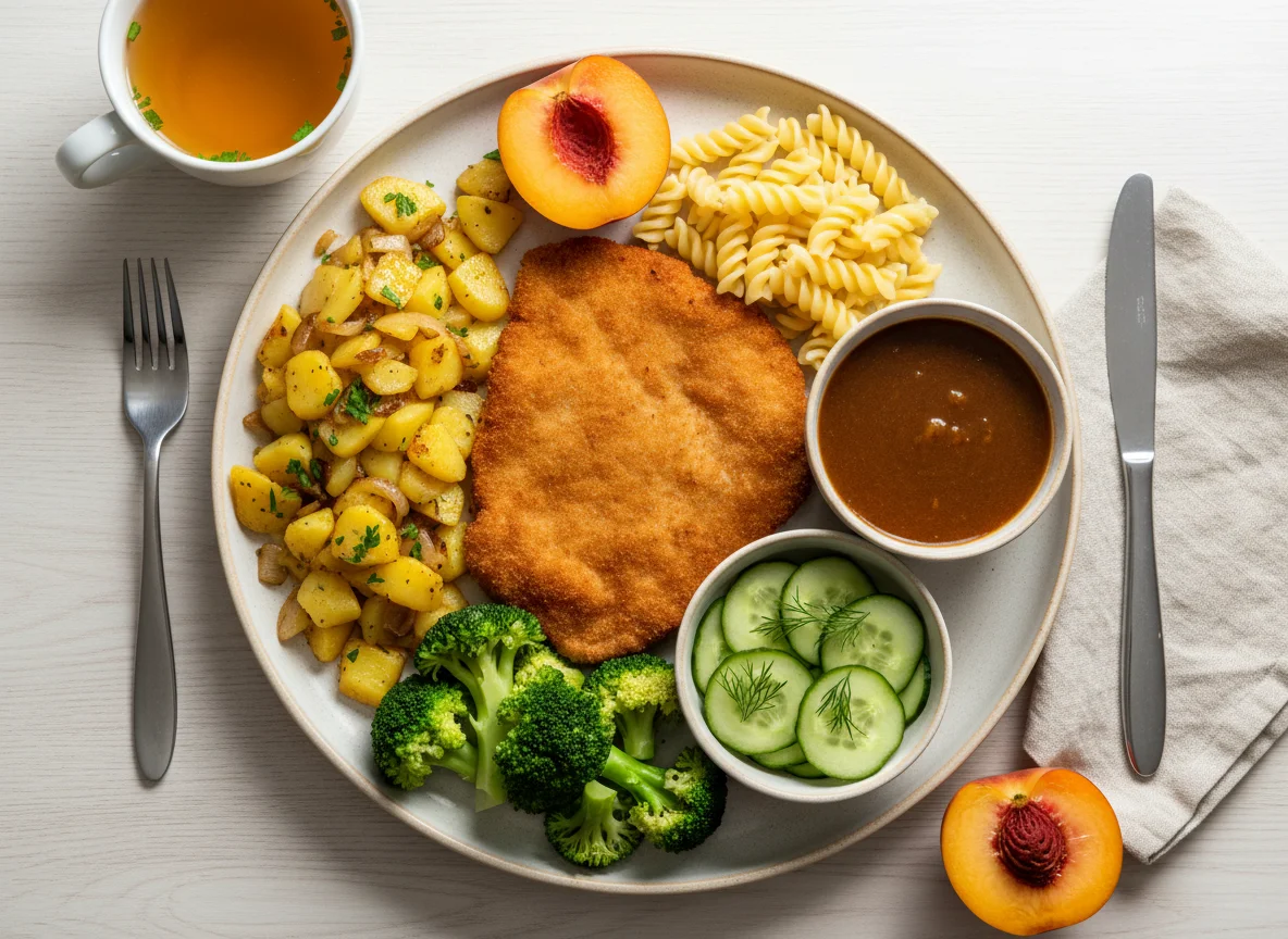Deutsches Mittagessen mit Schnitzel und Beilagen photo
