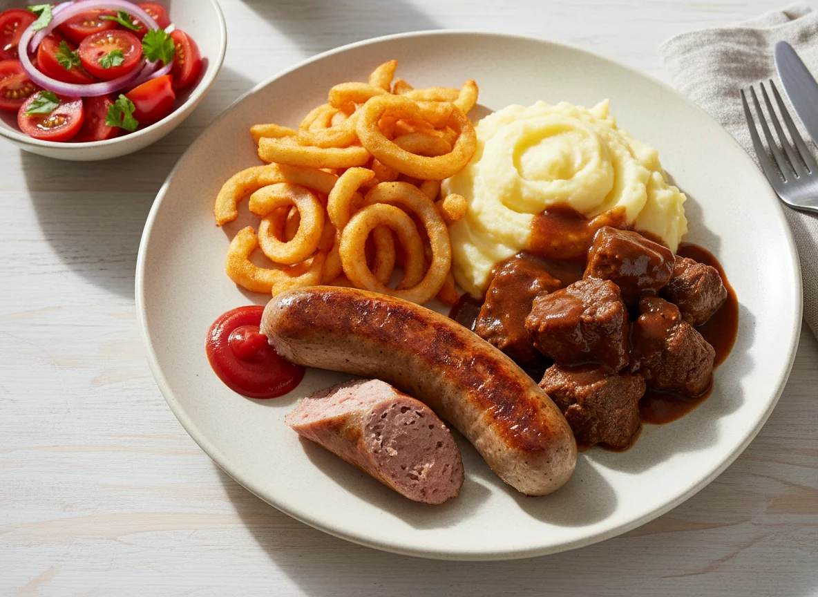 Deutsches Mittagessen mit Wurst, Fleisch, Pommes und Salat photo