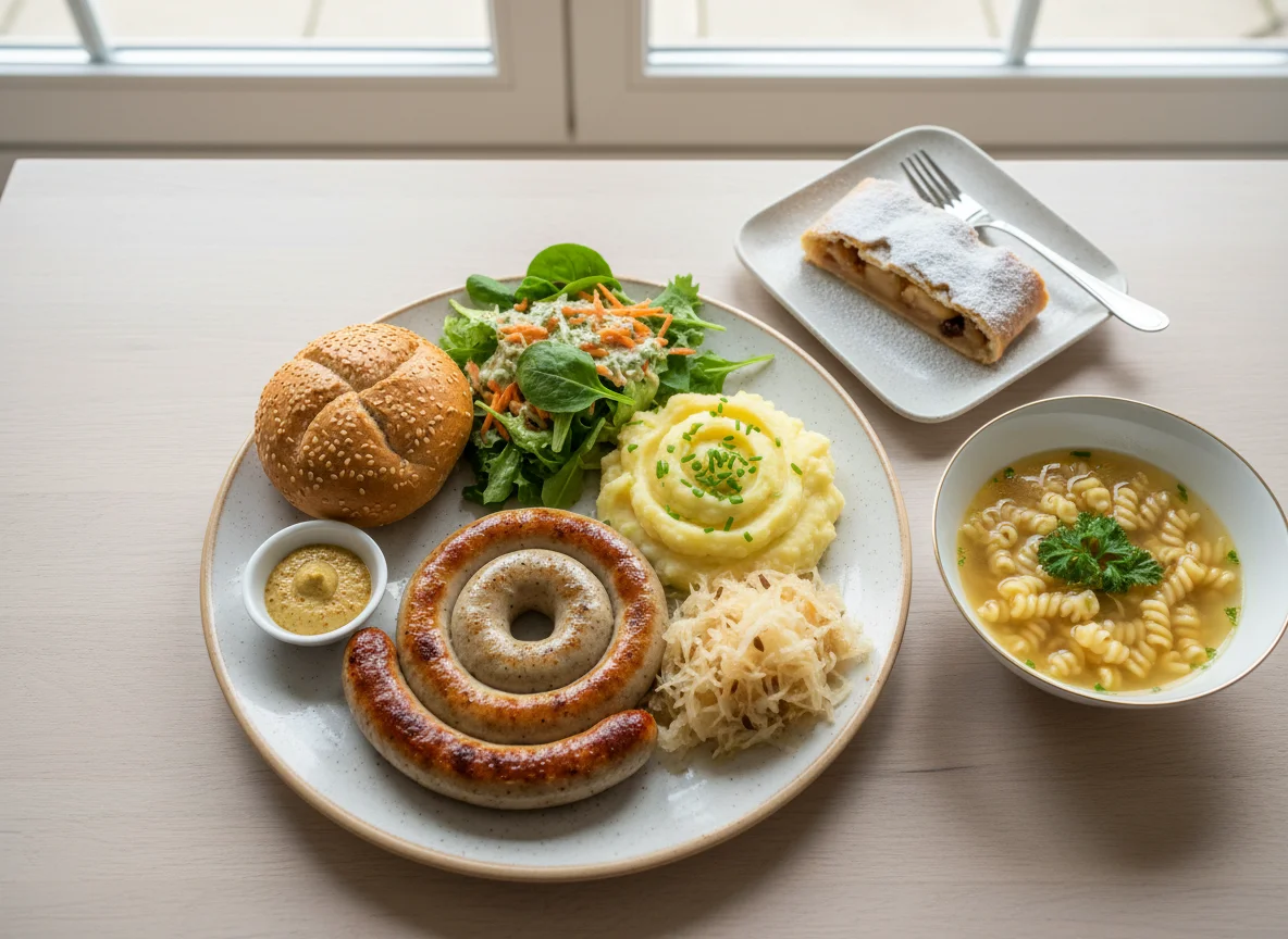 Deutsches Mittagessen mit Wurst, Kartoffelbrei und Sauerkraut photo