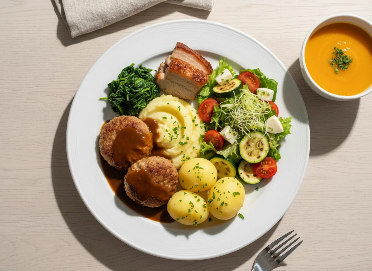 Deutsches Mittagsgericht mit Frikadellen, Kartoffeln und Salat photo