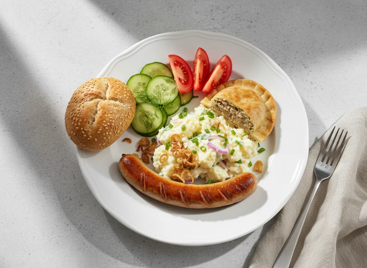Deutsches Tellergericht mit Bratwurst, Kartoffelsalat, Maultasche und Beilagen photo
