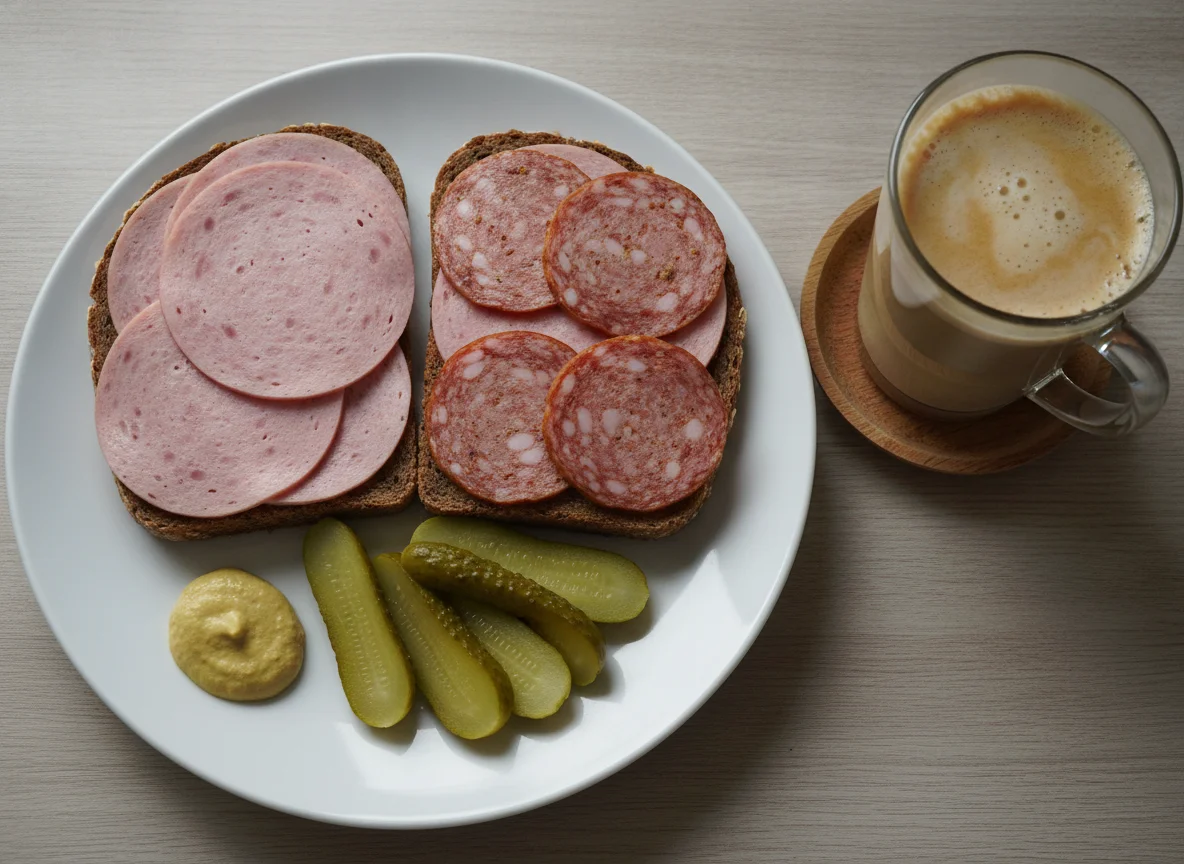 Deutsches Wurstbrot mit Gurken und Milchkaffee photo