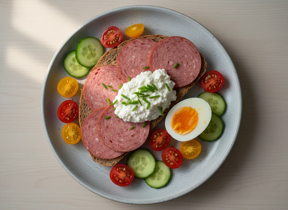 Dinkelbrot mit veganem Lyoner, Hüttenkäse, Ei und Gemüse photo