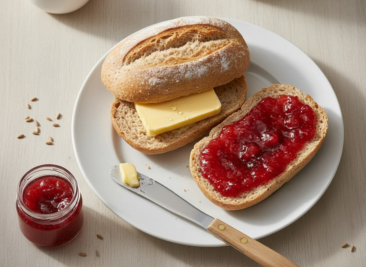 Dinkelbrötchen mit Butter und Marmelade photo